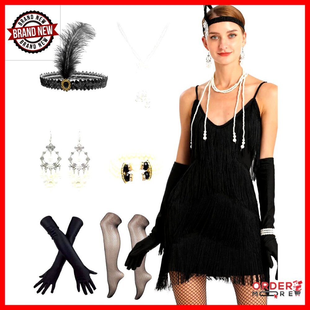 Flapper Dress with Fringe, Open Back, V-Neck, 1920s Gatsby Party